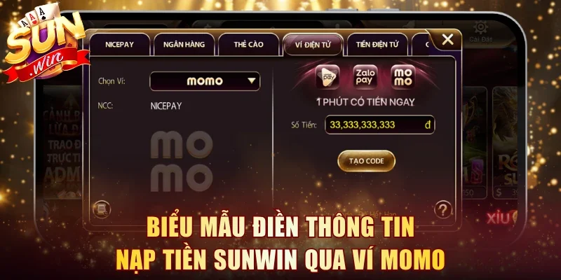 Biểu mẫu điền thông tin nạp tiền Sunwin qua ví Momo