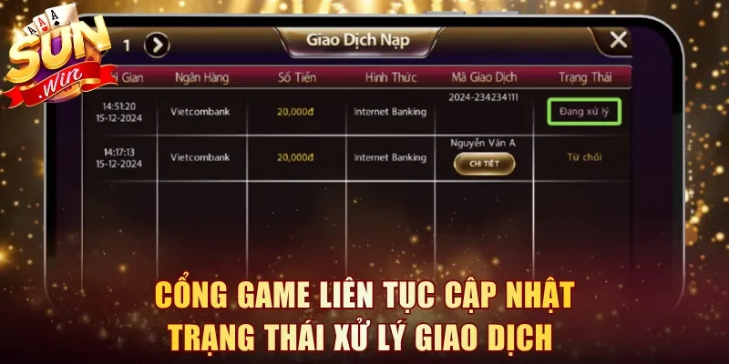 Cổng game liên tục cập nhật trạng thái xử lý giao dịch 